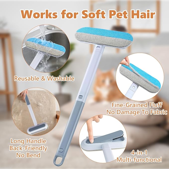 Tiiyee Pet Hair Remover for Furniture, 17in Dog and Cat Hair Removal Brush | 4 in 1 Reusable Washable Lint Cleaner with Long Handle Cleaning for Couch, Carpet, Clothes & Bedding Car Seats Window Tile