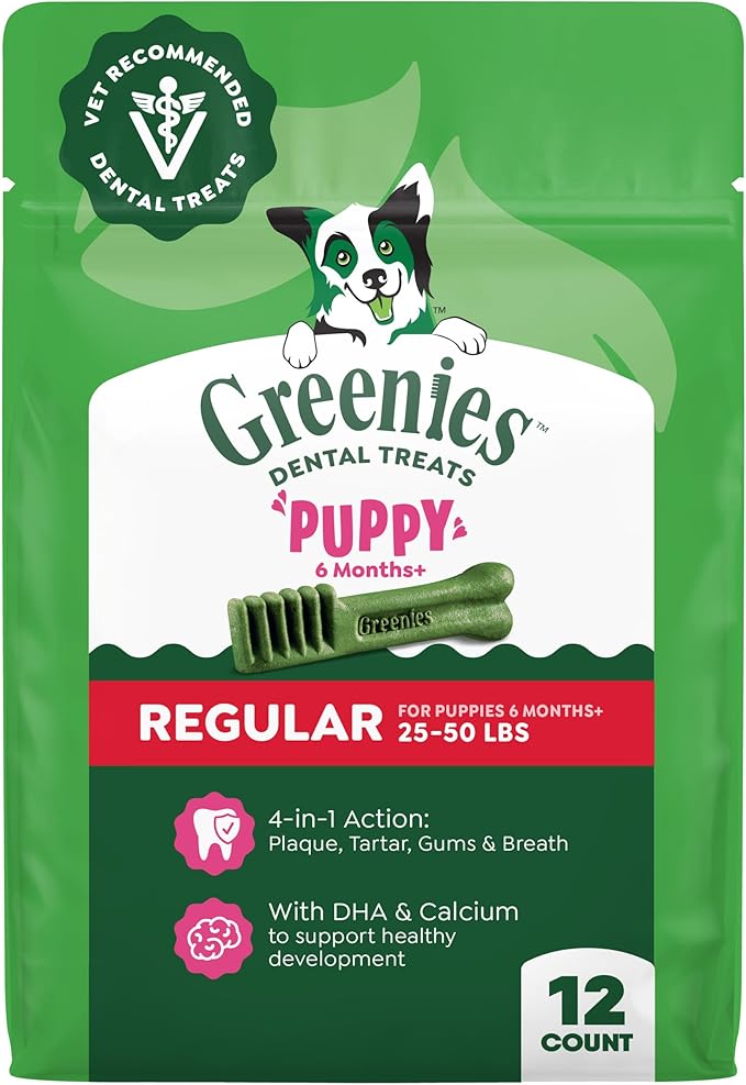 Greenies Dental Treats for Dogs, Veterinarian-Recommended Natural Puppy Treats Regular Size, 6 oz. Pack, 12 Count