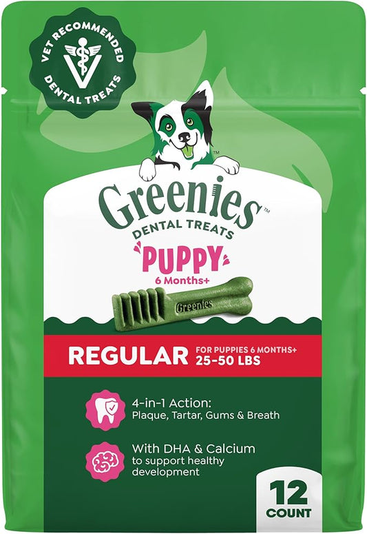 Greenies Dental Treats for Dogs, Veterinarian-Recommended Natural Puppy Treats Regular Size, 6 oz. Pack, 12 Count