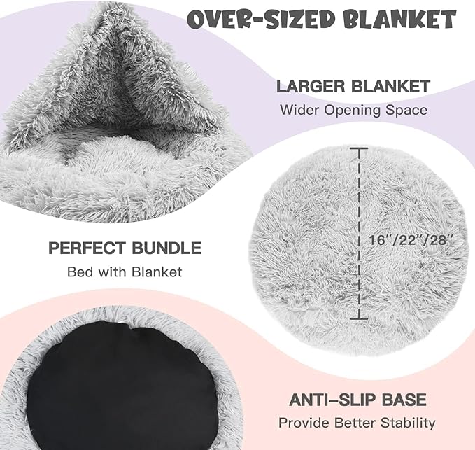 Himax Small Cat & Dog Bed with Cover, Calming Dog Bed for Small Dogs,Anti-Anxiety Donut Dog Bed with Attached Blanket,Washable Round Fluffy Pet Bed (20"/26"/35")，Light Grey