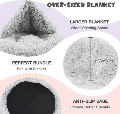 Himax Dog Beds for Small Medium Dogs, Donut Dog Bed with Blanket Attached, Calming Dogs Bed Washable (20"/26"/35") Light Grey