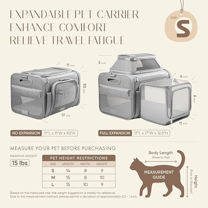 Top and Side Expandable Pet Carrier with Treat & Pet Window,17x11x9.5 Inch Alaska Hawaiian Airline Approved,Soft-Sided Dog Carrier for Small Dogs and Cats,Travel Cat Carrier with Locking Zippers