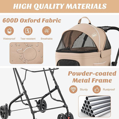 PETSITE Double Dog Stroller, Foldable 3-in-1 4 Wheels Cat Stroller with 2 Detachable Carriers, Safety Belt, Washable Cover, Removable Pads for Small Medium Dogs Cats (Beige)