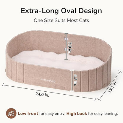 FUKUMARU Cat Beds for Indoor Cats, 24 Inch Large Cat Couch Bed with Cozy Faux Rabbit Fur Cushion, Felt Cats House Sofa in Oval Shape, Camel