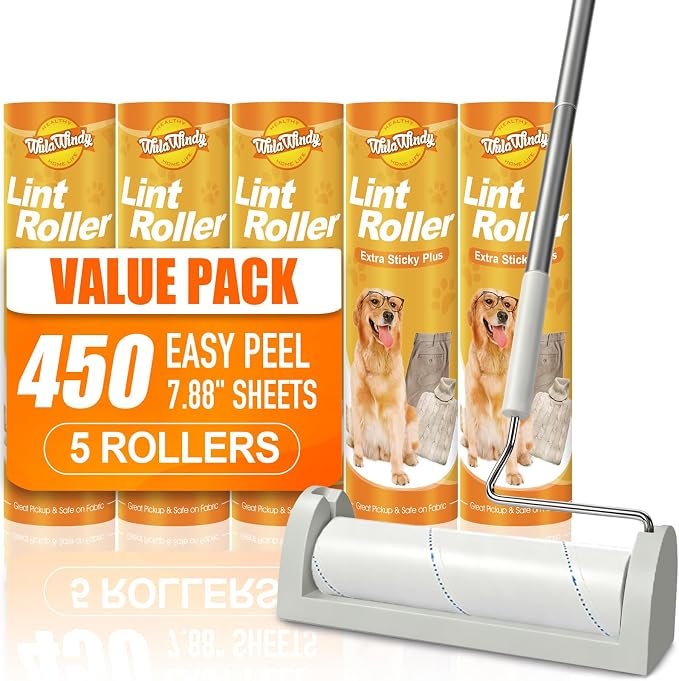 WulaWindy Long Handle Lint Roller for Pet Hair, 450 Sheets, 5 Rolls | Wide lint roller with extendable handle, 450 easy-tear sheets and storage base for pet hair on floors, sofas and carpets.