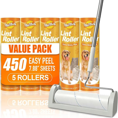 WulaWindy Long Handle Lint Roller for Pet Hair, 450 Sheets, 5 Rolls | Wide lint roller with extendable handle, 450 easy-tear sheets and storage base for pet hair on floors, sofas and carpets.