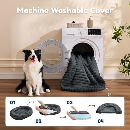 ChiXnuggle Dog Bed Medium Sized Dog - Luxury Striped Faux Fur Waterproof Pet Couch with Removable Washable Cover, Orthopedic Pet Bed with Bolster Sides for Sleeping, Dark Grey