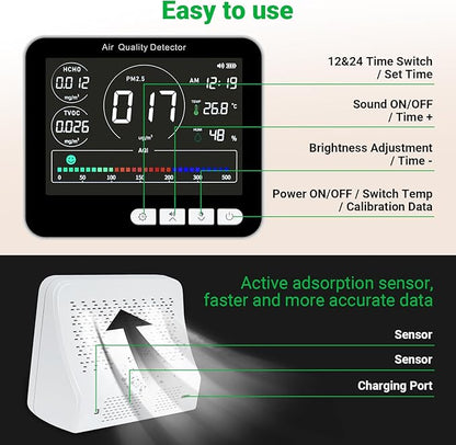 BIBIRE 14-in-1 Air Quality Monitor Indoor with Beep Alarm, 6 AQI Air Detector with PM1.0|PM2.5|PM10|HCHO|TVOC|AQI|Temperature|Humidity|Time for Home, Hotel, Office, Car, Battery Powered