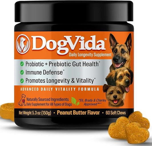 Dog Multivitamin Soft Chews for Longevity & Vitality, Dog Treats with Probiotics, CoQ10, & Omega 3 to Support Skin, Coat, Gut, Heart & Immune Health for All Breeds & Sizes, Peanut Butter, 60 Chews