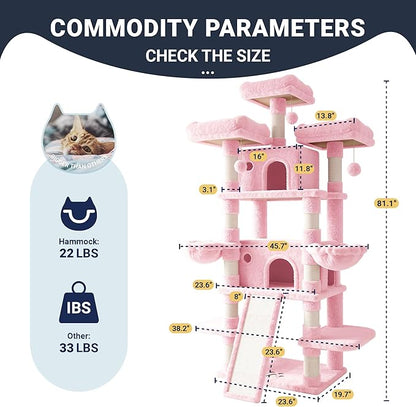 Allewie 82 Inches Large Cat Tree/House/XXL Tall Cat Towers for Big Feline/Scratching Post/Multi-Level Large Kitty Climbing Tree with Condo/Pink