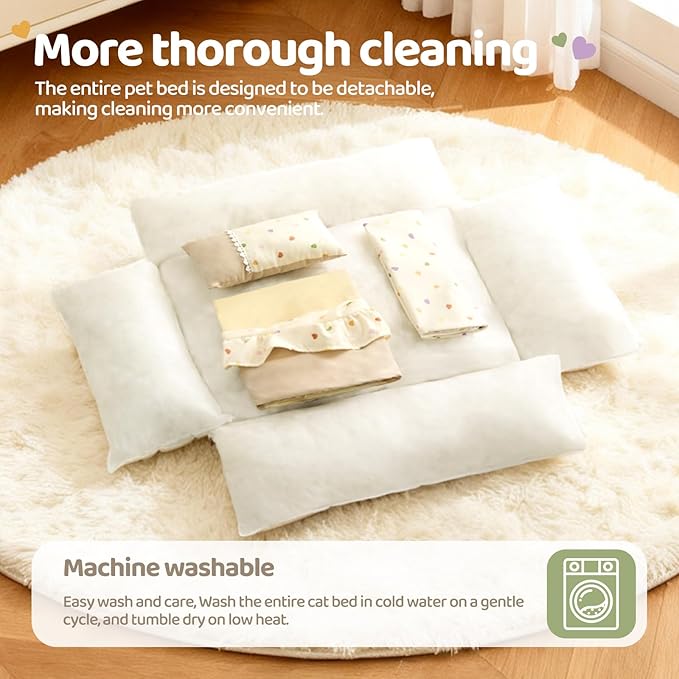 Jiupety Dog Beds for Medium Dogs Cozy & Soft Cat Bed Removable Washable Cat Bed with Slip-Resistant Bottom Pet Beds with Pillow, Beige 30"x24"