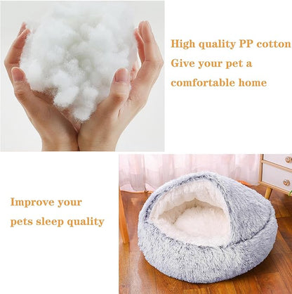 SUOXU Cat Beds for Indoor Cats,Plush Hooded Cat Cave for Puppy Kitty Small Dog Bed,Removable Washable Non-Slip Bottom Self Warming Round Fluffy Faux Fur Super Soft Calming Sleeping Pet Bed(Gray)