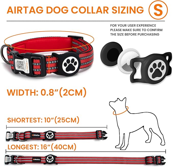 AirTag Dog Collar for Small Dogs, IP68 Waterproof Air Tag Dog Collar with Apple AirTag Holder, Reflective, QR Code Personalized Dog Tags(Red, Small)