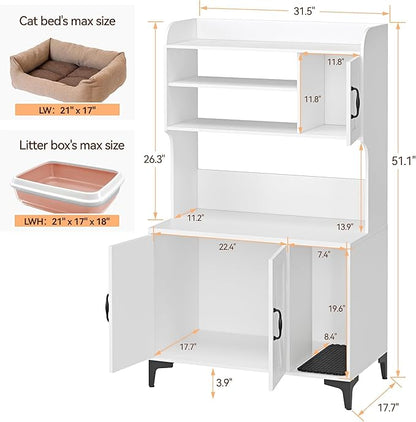 GarveeLife Cat Litter Box Enclosure with Shelves, Litter Box Cabinet, Hidden Cat Box Furniture with Scratching Mat, Wood Sturdy Cat Washroom Storage, Indoor Cat House, White