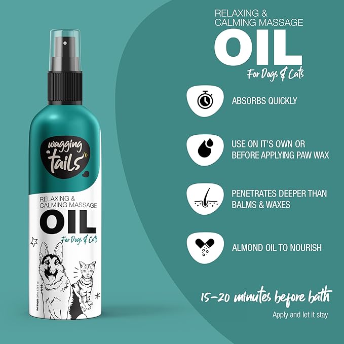Wagging Tails 4-in-1 Relaxing & Calming Massage Oil for Dogs and Cats, 6.76 fl oz | Natural Grooming Formula | Enhances Coat Shine & Softness, Soothes Itching, Promotes Relaxation