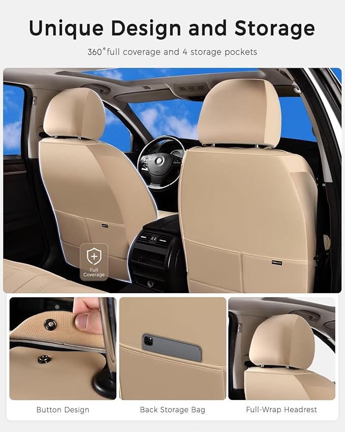 Huidasource Beige Seat Covers, Nappa Leather Car Seat Cover with Lumbar Support, Ventilation Holes, Velcro Adjustable, Airbag, Full-Coverage Seat Covers, Universal Fit for Most Cars SUV Trucks, Beige