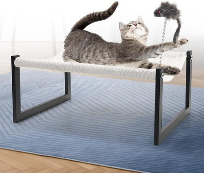 Elevated Cat Bed with 360° View - Rust-Proof Metal Frame, Removable Machine Washable Mattress (Thin), Includes Cat Toy - Easy Assembly
