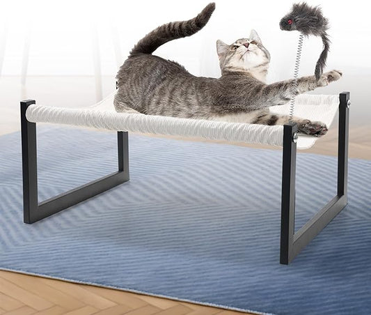 Elevated Cat Bed with 360° View - Rust-Proof Metal Frame, Removable Machine Washable Mattress (Thin), Includes Cat Toy - Easy Assembly