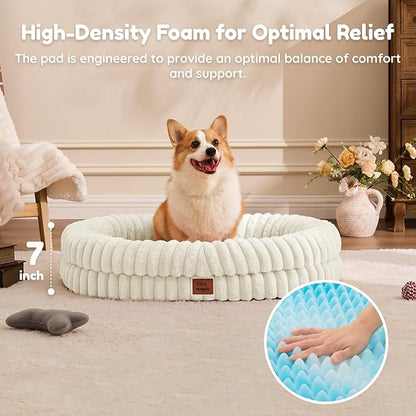 ChiXnuggle Dog Bed Large Sized Dog - Luxury Striped Faux Fur Waterproof Pet Couch with Removable Washable Cover, Orthopedic Pet Bed with Bolster Sides for Sleeping, Cream