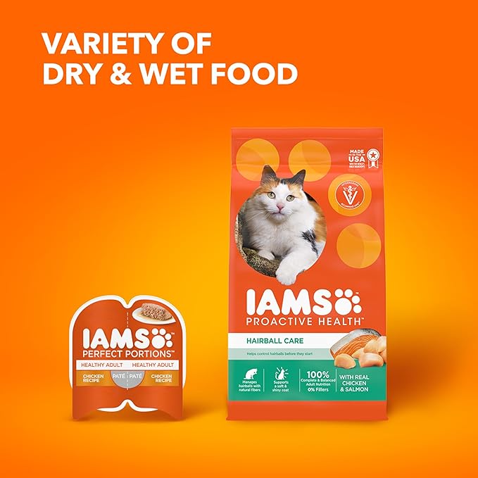 IAMS Proactive Health Dry Cat Food Hairball Care, Adult Cat Food, with Real Chicken and Salmon, 16 lb. Bag