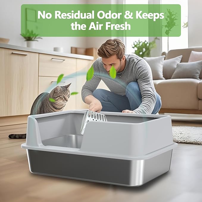 Stainless Steel Litter Box with Lid,Large Litter Metal Litter Box with High Sided, Anti-Urine Leakage, Easy Cleaning & Odor-Less, Include Metal Scoop
