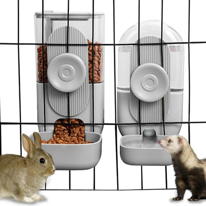 Lemtrflo Hanging Automatic Rabbit Feeder for Cage,Dog Cat Food and Water Dispenser,Rabbit Water Bottle Guinea Pig Food Bowl Set,Gravity Feeder for Cats Dogs (Gray)