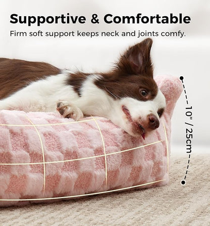 Made4Pets Dog Couch Bed, Soft Faux Fur Checkered Indoor Pet Sofa, Comfortable Fluffy Dog Sofa with Supportive Foam, Removable Washable Cover with Non-Slip Base, Pink, Large