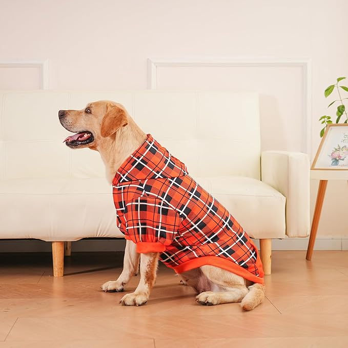 EXPAWLORER Plaid Dog Hoodie - British Style Warm Dog Sweater Shirt with Leash Hole,Pitbull Clothes Outfits,Winter Coat Apparel for All Breeds Puppy Girl Boy-Cat Apparel,Orange Large