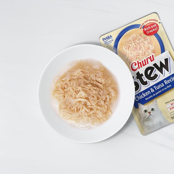 INABA Churu Stew for Cats, Broth Gelée with Shredded Chicken Side Dish with Vitamin E, 1 Ounce per Pouch, 15 Pouches Total, Chicken & Tuna Variety Pack