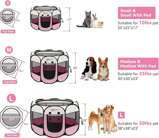 Siedihit Dog Cat Playpen, Puppy Pet Playpen Indoor for Dog Crate Tent Cage Outdoor, Portable Pop Up Dogs Enclosure Kennel with Carrying Case for Dogs/Cats/Rabbits (Pink with Pad, Medium)