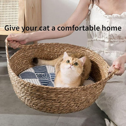 Cat Bed, Straw Woven Cat Baskets Bed, Round Wicker Cat Basket Nest, Non-Slip Cozy Kitten Bed for Cats Small Dog (Only Nest,Large)