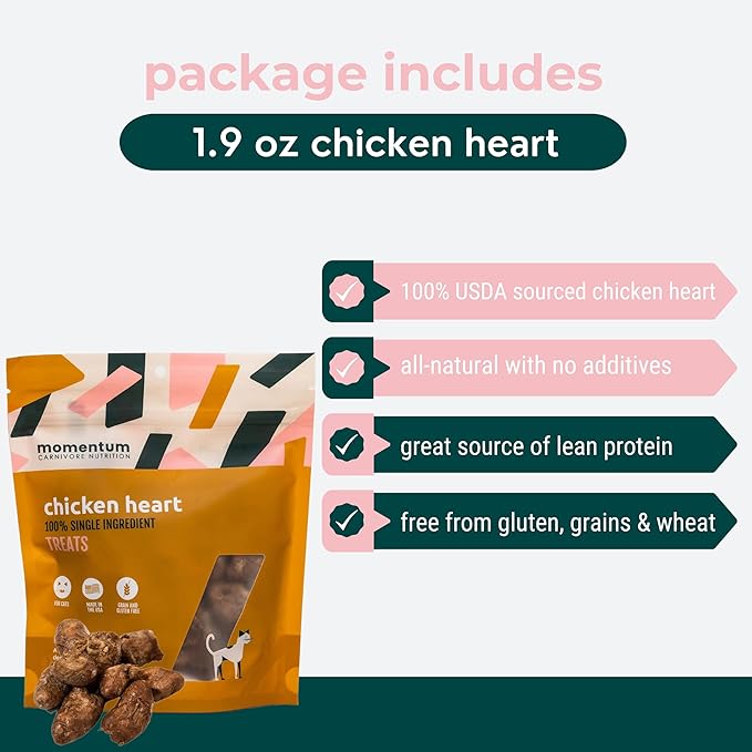 Momentum Carnivore Nutrition Freeze-Dried Chicken Heart Cat Treats – Single-Ingredient, High-Protein, All-Natural, Grain-Free, Naturally Nutrient-Rich – Made in USA – 1.9 oz Bag
