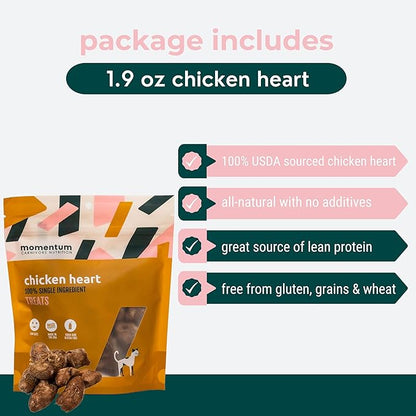 Momentum Carnivore Nutrition Freeze-Dried Chicken Heart Cat Treats – Single-Ingredient, High-Protein, All-Natural, Grain-Free, Naturally Nutrient-Rich – Made in USA – 1.9 oz Bag