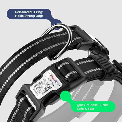 Airtag Dog Collar, Reflective Ultra-Durable Nylon Padded with QR Code Buckle & IP68 Waterproof Air Tag Holder Compatible for Apple AirTag, Comfortable for Small Medium Large Dogs (Black, XS)