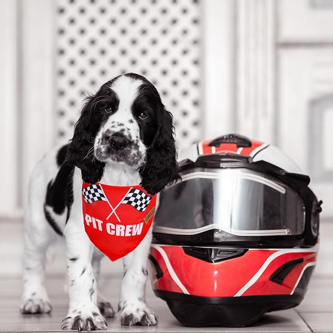 JarThenaAMCS 2Pcs Race Car Pit Crew Dog Bandana Red Black Race Checkered Flag Triangle Pet Scarf Adjustable Pet Neckerchief for Sports Dog Birthday Costume Accessories