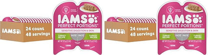 IAMS Perfect Portions Sensitive Digestion & Skin Adult Wet Cat Food Pate, Turkey Recipe, 2.6 oz. Easy Peel Twin-Pack Trays (24 Count, 48 Servings) (Pack of 2)