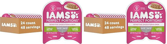 IAMS Perfect Portions Sensitive Digestion & Skin Adult Wet Cat Food Pate, Turkey Recipe, 2.6 oz. Easy Peel Twin-Pack Trays (24 Count, 48 Servings) (Pack of 2)
