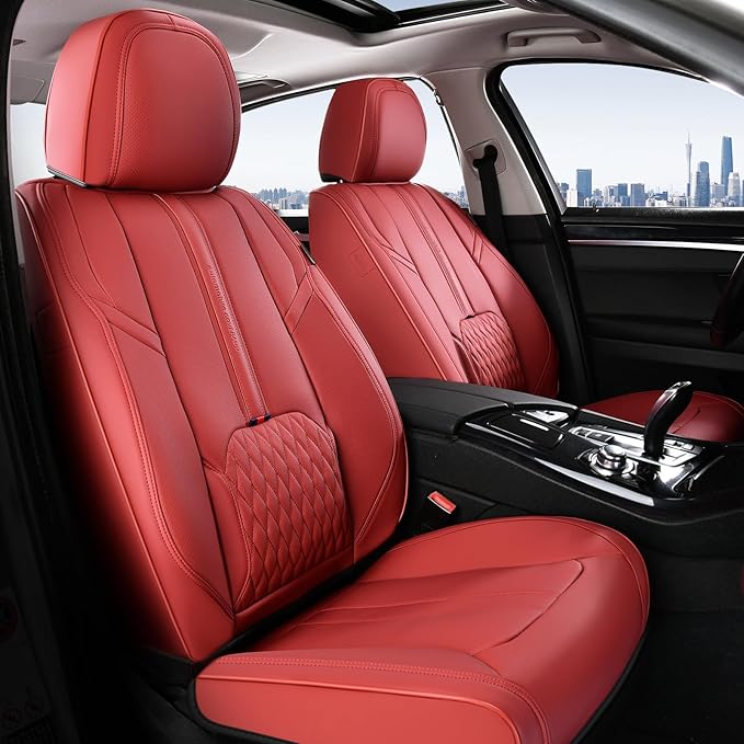 Coverado Front and Back Seat Covers, Red Seat Cover for Cars, Luxury Leather Seat Cover with Lumbar Support, Waterproof Car Seat Cushions Car Seat Protectors Universal Fit for Most Cars SUV Trucks
