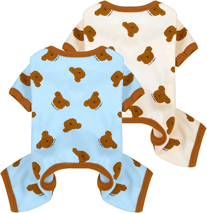 2 Pack Dog Pajamas Small Sized Dog Onesie Clothes Soft Stretchy Puppy Pajamas for Dogs Cats Girl Pet Costume Bear Printed Pjs Outifts French Bulldog Chihuahua Doggie Clothes (Blue&White, Medium)
