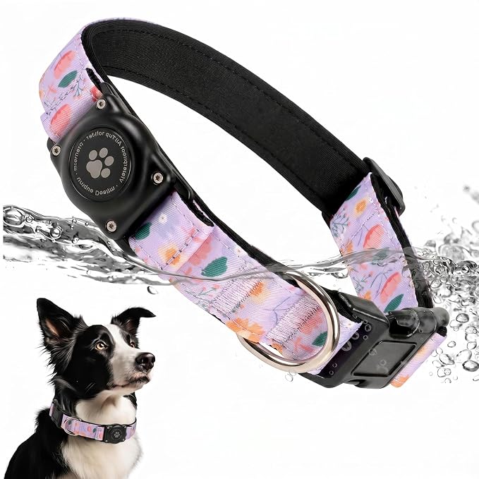 Upgrade Dog Collar with AirTag Holder, IP68 Waterproof, Lavender Garden, XL | Built-in Water Resistant AirTag holder, 1000D Nylon, Reflective Stitching for Night Visibility, Soft padding for Comfort