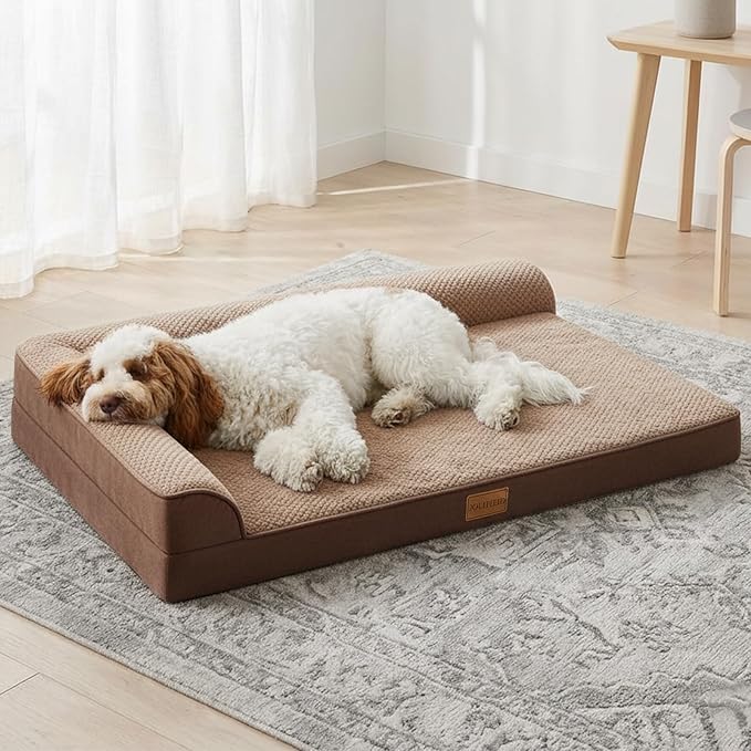 Orthopedic Dog Bed Large Sized Dog 36''X24'', Waterproof L Bolster Egg Crate Foam Pet Crate Beds with Washable Removable Cover, Non-Slip Soft Pet Couch Sleep Mat, Brown