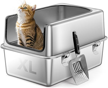 Stainless Steel Cat Litter Box, 19.7" L x 13.8" W x 11.8" H Large Semi Enclosed Removable Metal Litter Tray with High Sided Enclosure, Scoop, Anti-Leakage, Non-Sticky, Easy Cleaning