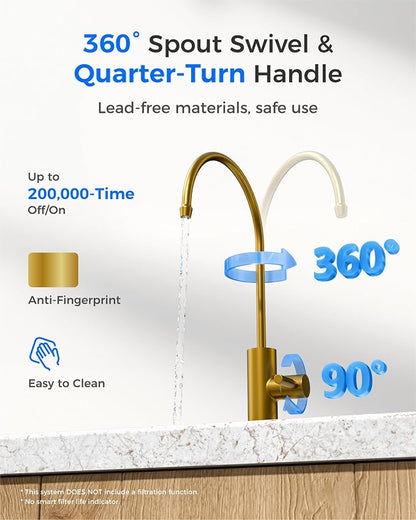 Waterdrop G2FCT-Gold Reverse Osmosis Water Filter Faucet, Brushed Gold | Water Faucet for Kitchen Bar Sink, NSF/ANSI 372 Certified, Lead-Free, 304 Stainless Steel, Single Handle, 360° Swivel Spout