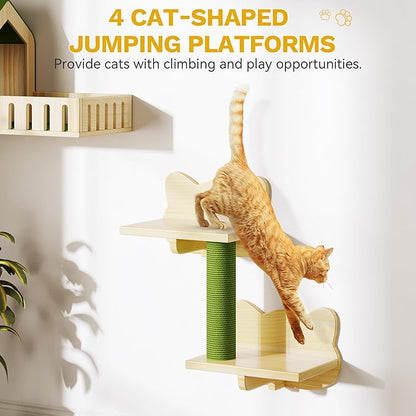 YITAHOME Cat Wall Shelves, Solid Wood Wall Mounted Cat Furniture with Green Wall House and Fence, Steps, Scratching Posts