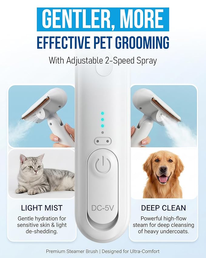 Spray Deshedding Brush for Cats & Dogs, 2-in-1 Mist Grooming Tool with Undercoat Removal, Anti-Static Pet Hair Remover, Gentle Stainless Steel Comb, No Flying Fur, Self Cleaning