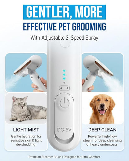 Spray Deshedding Brush for Cats & Dogs, 2-in-1 Mist Grooming Tool with Undercoat Removal, Anti-Static Pet Hair Remover, Gentle Stainless Steel Comb, No Flying Fur, Self Cleaning