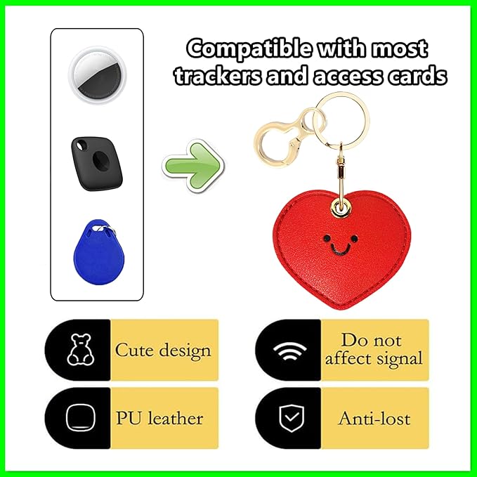 Leather Airtag Keychain Case Holder,Cute Protective Apple Air Tag Cover with Key Ring,Anti-Scratch Hidden Finder GPS Tracker Case for Wallet Keys,Bag,Pets,Backpack(Heart-Shaped)
