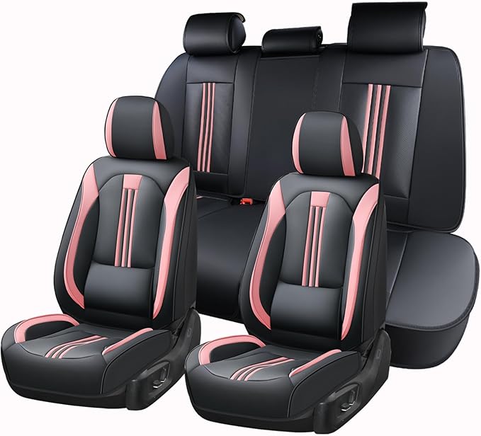 Huidasource Car Seat Cover, Seat Covers Nappa Leather with Lumbar Support, Side Elastic Fabric, Velcro Adjustable, Airbag, Ventilation Heating, Universal Fit for Most Cars SUV Trucks, Black＆Pink
