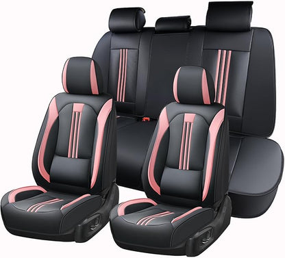 Huidasource Car Seat Cover, Seat Covers Nappa Leather with Lumbar Support, Side Elastic Fabric, Velcro Adjustable, Airbag, Ventilation Heating, Universal Fit for Most Cars SUV Trucks, Black＆Pink