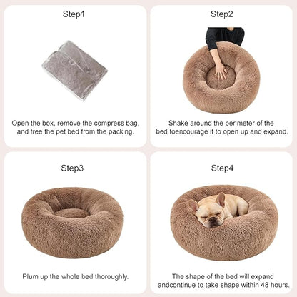Dog Calming Beds for Medium Large Dogs - Round Donut Washable Dog Bed, Anti-Slip Faux Fur Fluffy Donut Cuddler Anxiety Cat Bed(36" Khaki)